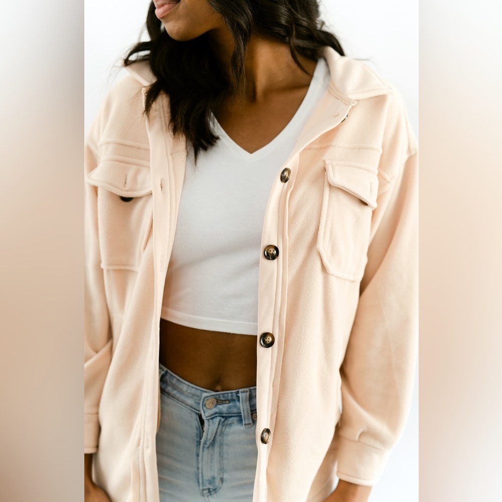 Zenana All About the Fleece Lightweight Button-Down Shacket soft peach medium